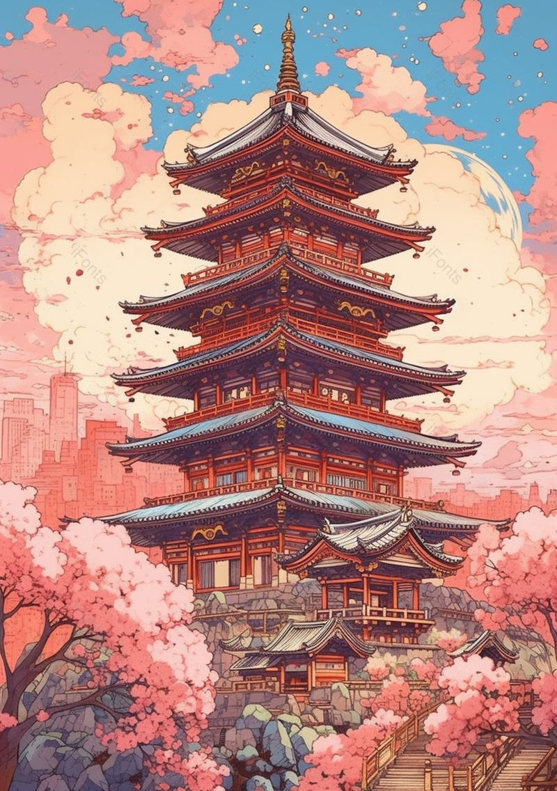 寺庙里粉红色的桃花盛开中国风插画背景,插画/手绘图,插画/手绘图库,插画/手绘图下载,插画/手绘
